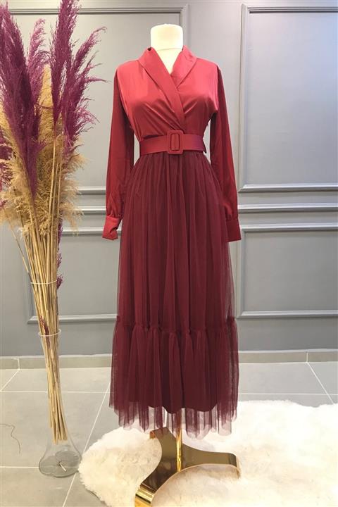 Ebrar Store Altı Tüllü Saten Abiye Kırmızı