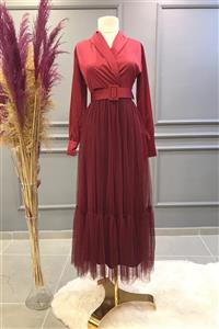 Ebrar Store Altı Tüllü Saten Abiye Kırmızı