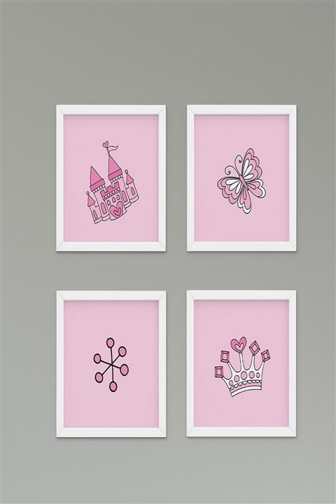 CİCİ TASARIM ÜRÜNLERİ 4lü Pembe Zemin,taç,şato,kalp Çocuk Bebek Odası Duvar Tablo