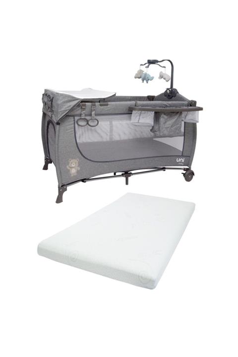 Uni Baby Elite Dönenceli Oyun Parkı Bebek Beşik 70x120 Cm Viscotech Yatak Hediyeli Koyu Gri