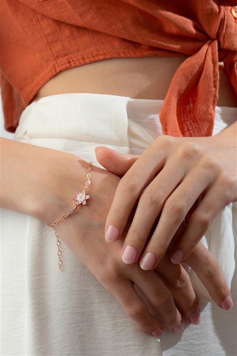 Tubiss Takı Sedefli Lotus Gümüş Tasarım Bileklik - Pembe