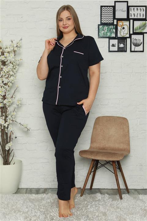 jibau Kadın Lacivert Renk Cepli Kısa Kol Pamuklu Büyük Beden Pijama Takım