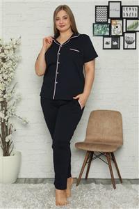 jibau Kadın Lacivert Renk Cepli Kısa Kol Pamuklu Büyük Beden Pijama Takım