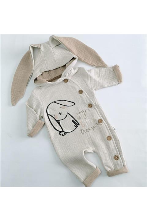 Bella Mia Tavşan Kulaklı Detaylı Vizon Müslin Bebek Tulum