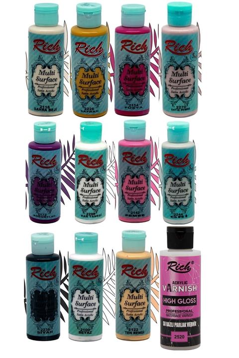 Rich Multi Surface Akrilik Boya + Parlak Vernik 130 Cc 12'li Set Kozme Store 11+1