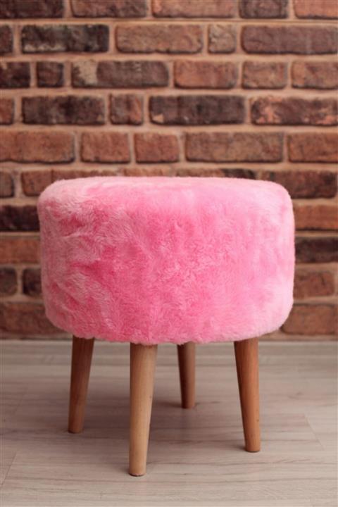 ESehpa Yuvarlak Pembe Peluş Puf Ahşap Ayaklı Paa1232
