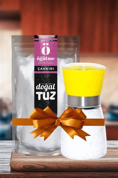 Doğaltuz Tuz & Karabiber Değirmeni Uzun Sarı + 1 kg Orijinal Çankırı Kaya Tuzu Öğütme Granül Form