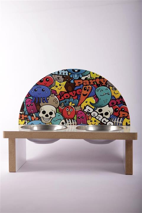 MiniHediye Graffiti Emoji Baskılı Kedi Mama Kabı Ahşap Köpek Mama Su Kabı