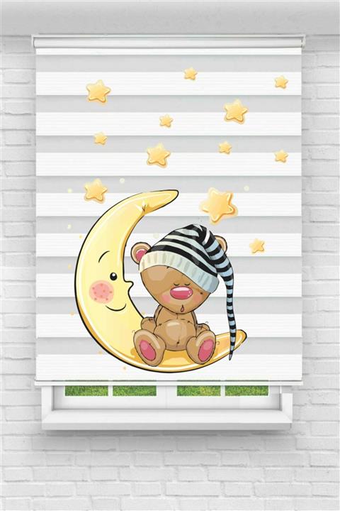 Grande Ayda Uyuyan Ayıcık Dijital Baskılı Çocuk Bebek Odası Zebra Perde