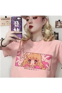 Köstebek Anime Harajuku Girl And Rabbit Pembe Unisex T-shirt