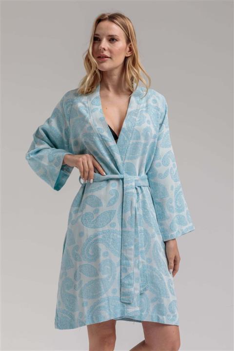 Begonville Paisley Mavi Kısa Bornoz / Pamuklu Kimono L/xl