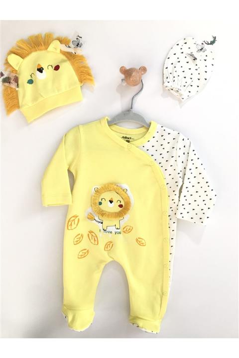 MİNİBORN Erkek Bebek Sarı Yeni Doğan Aslan Figürlü Tulum