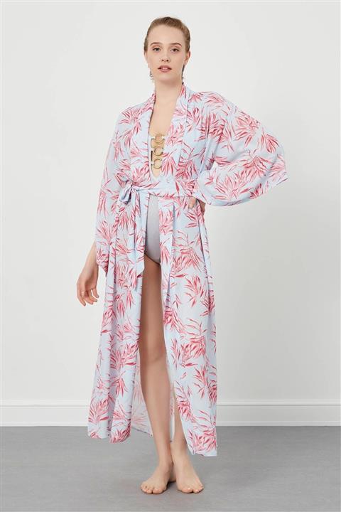 Just Like You Yaprak Desenli Bebe Mavisi Kemerli Kimono