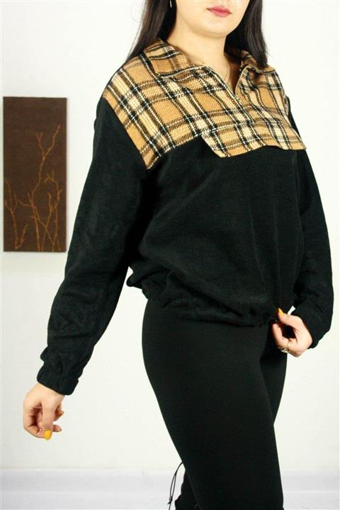 Sizce Kadın Ekose Desenli Polar Sweatshirt - Hardal