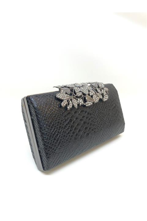 womenacs Siyah Renk Kroko Desenli Taşlı Çiçek Tasarımlı Abiye Portföy Clutch Kadın Çanta Elde Ve Uzun Askılı