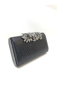 womenacs Siyah Renk Kroko Desenli Taşlı Çiçek Tasarımlı Abiye Portföy Clutch Kadın Çanta Elde Ve Uzun Askılı