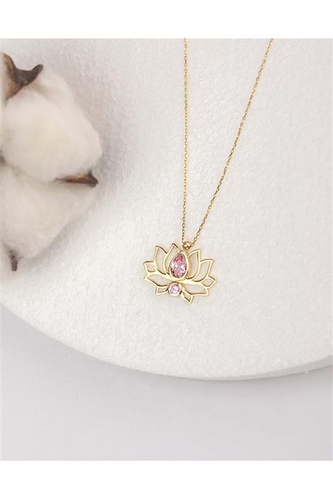 By More 14 Ayar Pembe Damla Taşlı Altın Lotus Çiçeği Kolye
