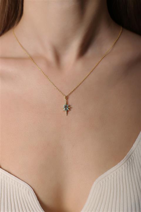 Sunshine Gold 14 Ayar Altın Aqua Taşlı Kutup Yıldızı Kolye