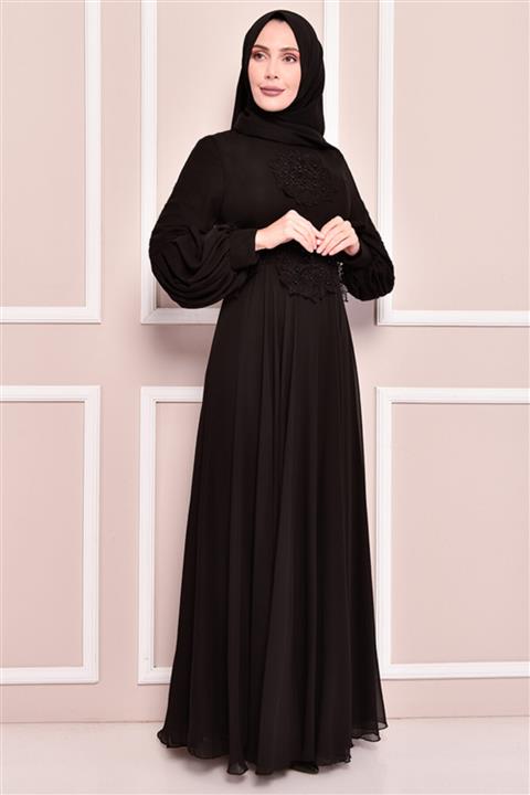 ModaMerve Şifon Abiye Siyah Tkn3466