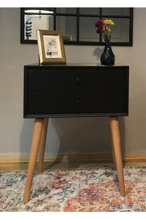 Wooding Çift Çekmeceli Siyah Retro Komodin Telefonluk