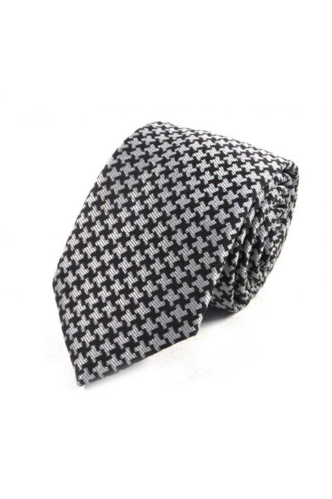Sade Kravat Siyah Gri Beyaz Kaz Ayağı Desenli Yünlü Kravat 17810