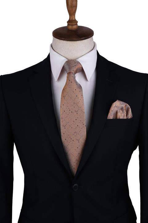 Kravatkolik Erkek Sarı Kum Desen Mendilli Klasik Kravat Kk10485