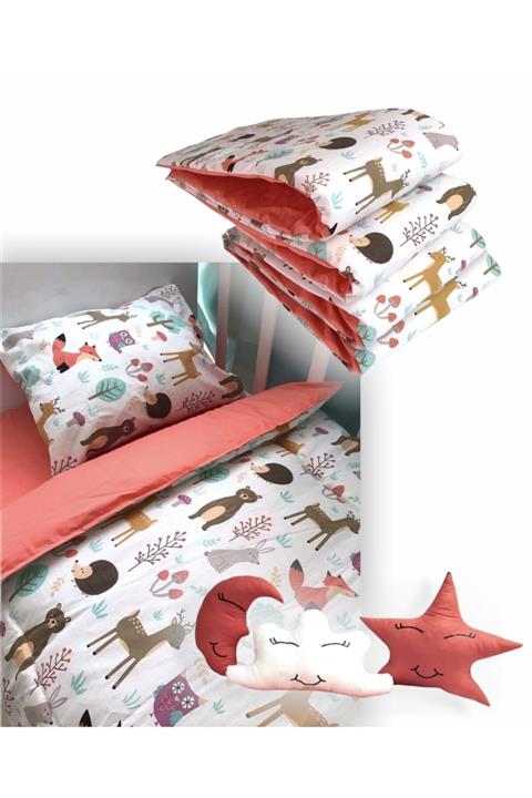 Bebek Özel %100 Pamuklu 80x160 Mobilya Beşik Uyku Seti Doğa Hayvanlı Kiremit (10 Parça)