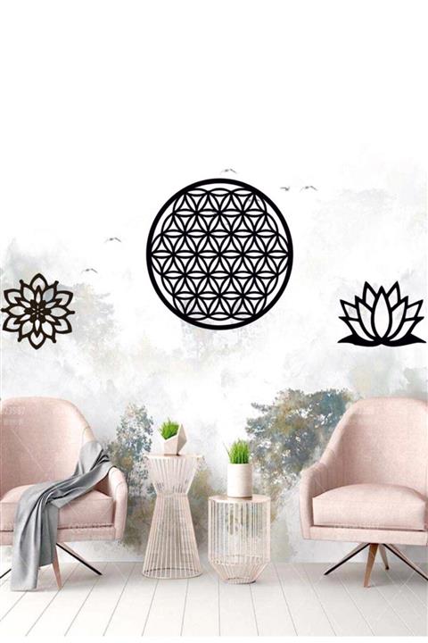 NT Handmade Siyah Ahşap Yaşam Ve Lotus Çiçeği 3lü Duvar Dekoru Salon Oturma Yatak Odası Için 100x45cm Tablo Set