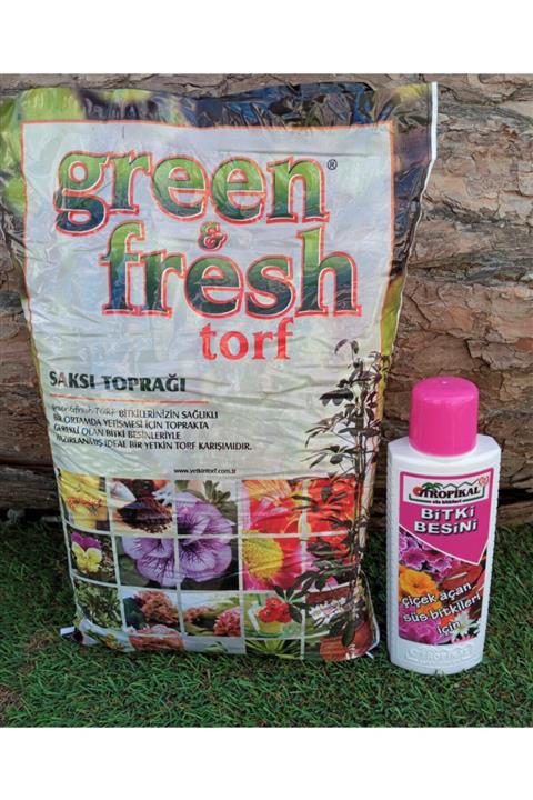 TROPİKAL 2 'li Set Çiçek Açan Bitkilere Özel Besin 225 Ml+ 3 Lt Çiçek Toprağı Bitki Sıvı Gübresi Torf Gübre