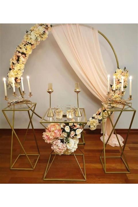 BENGİ TİCARET Bengi Zlf Zigon Sehpa Ve Gelin Damat Tag Metal Transmisyon Gold Ayak Cam Tabla