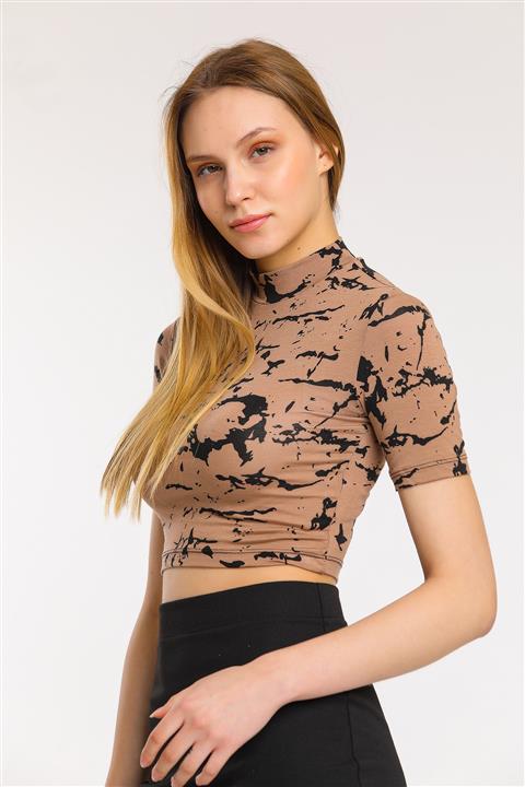 ladyzey Kadın Kahverengi Yarım Balıkçı Kısa Kol Crop Bady