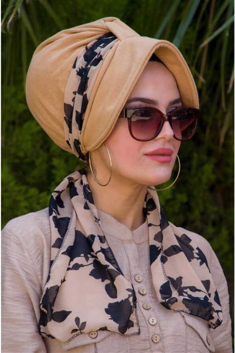 Aişe tesettür Kadın Camel Siyah Fularlı Şapka Bone