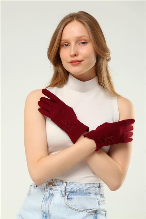 Luisido Kadın Bordo Kelebek Desenli Dokunmatik Parmak Içi Polarlı Eldiven