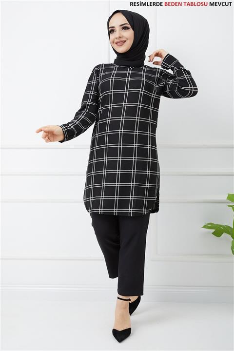 FERİZE Kare Desenli Siyah Tunik