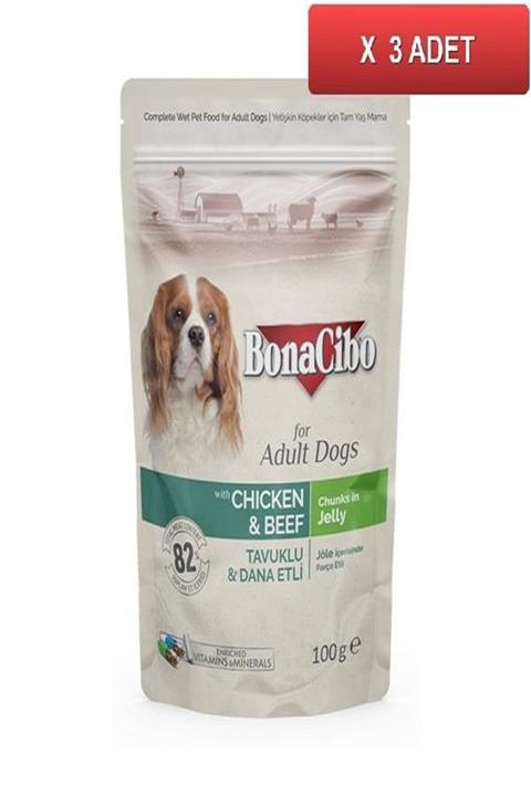 BonaCibo Pouch Tavuklu Dana Etli Köpek Konservesi 100 gr (3 ADET)