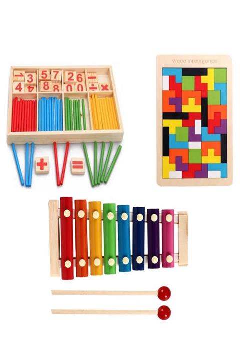 RoseRoi Ahşap Sayı Sayma Çubukları Tetris Ve Selefon Ksilefon Eğitici Oyuncak Set
