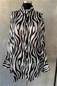 BEFOURY Saten Zebra Desenli Balon Kol Oversize Tunik Gömlek