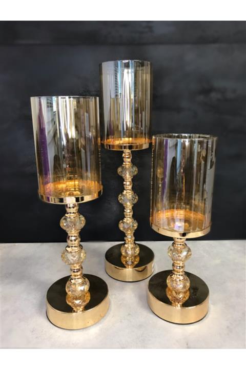 PEKİBU 3'lü Metal Ayaklı Şamdan Seti Gold