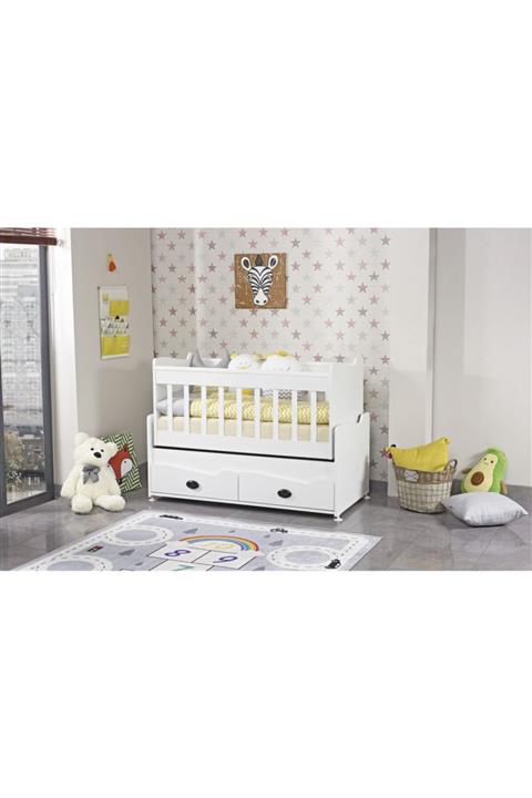 PİYANO GENÇ VE BEBEK ODASI Beste Çekmeceli Sallanır Anne Yanı Ahşap Bebek Beşiği Beyaz