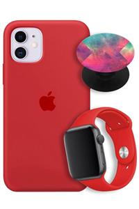 Apple Watch Se 42 Mm Silikon Kordon + Iphone 12 Mini Lansman Logolu Kırmızı Kılıf + Popsocket