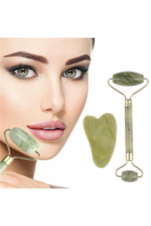 DecoTown Çift Taraflı 2li Cilt Yüz Masaj Aleti Jade Roller Yeşim Taşı Seti