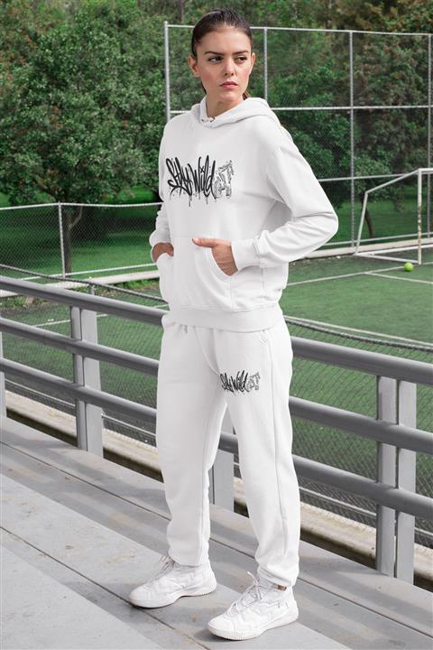 Angemiel Wear Stay Wild Motorsiklet Kadın Eşofman Takımı Beyaz Kapşonlu Sweatshirt Beyaz Eşofman Altı