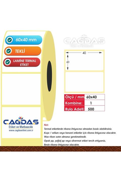 CGDS Lamine Termal Barkod Etiket Stıcker 60x40 Mm Ikili 1000 Ad -lt6040
