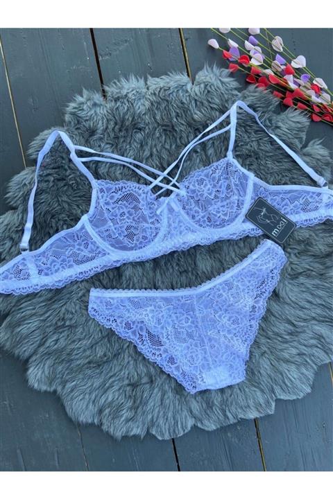 MOOİ Beyaz Dantelli Çift Ipli Balenli Bralet Takım