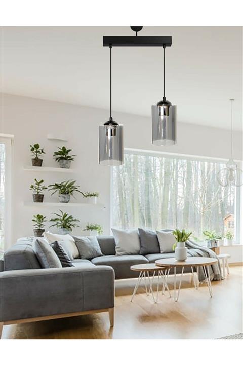 Lambadar Modern Spor Model Ikili Füme Hakiki Cam Sarkıt Avize