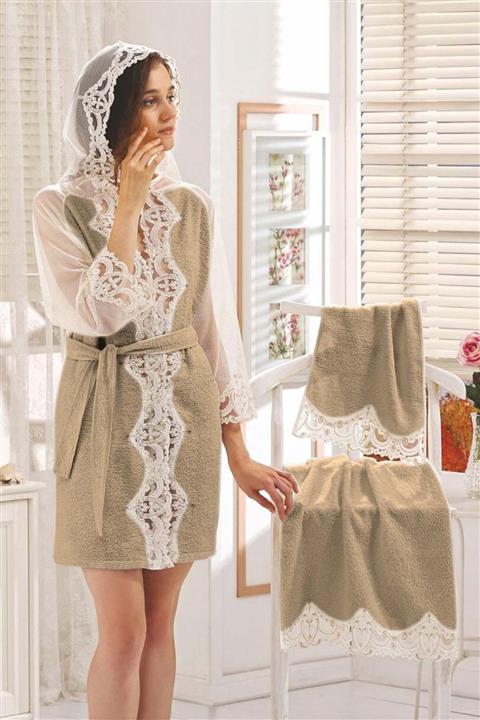 Bonny Home Kadın Kapuçino Rengi Dantelli Çeyizlik Hamam Bornoz Seti