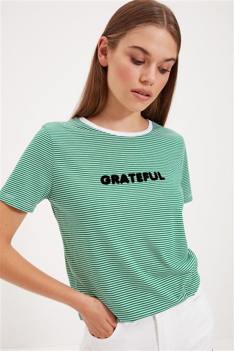 Koton Kadın Yeşil Çizgili T-Shirt