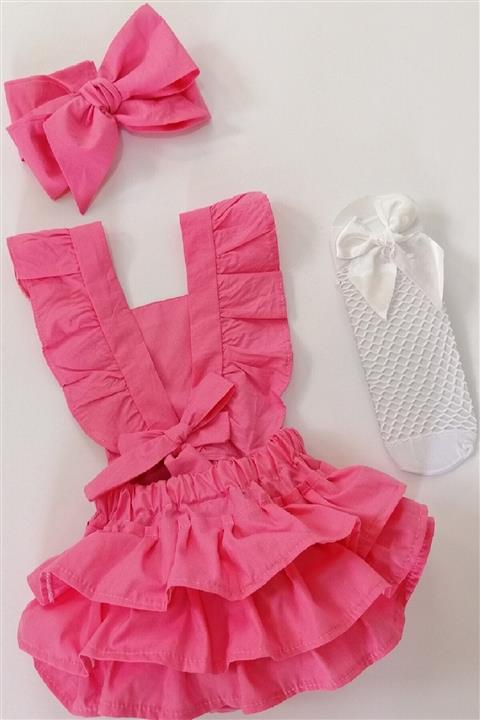 özge başaran Pembe Fırfırlı Salopet Tulum Bandana Ve File Coraptakımı