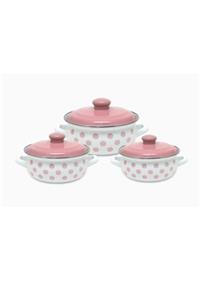 SAVAŞAN Emaye Üçlü Tencere Takımı 14/16/18 Cm Pembe Puantiyeli - 1115-p