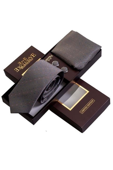 Exve Exclusive Gri Mavi Pembe Desenli Kutulu Kravat Mendil Kol Düğmesi Seti Sd1006